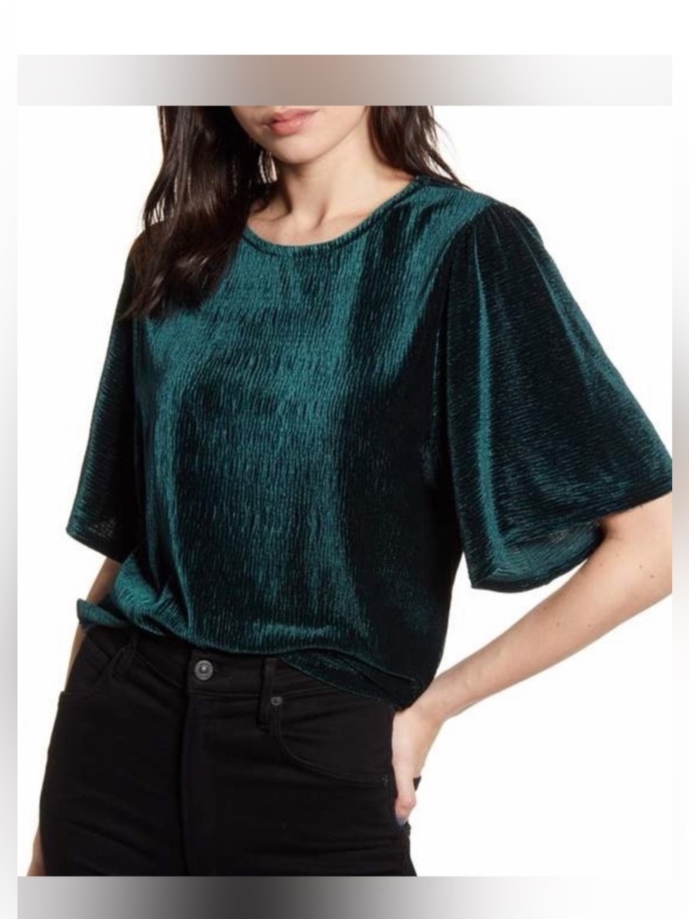 Madewell Texture & Thread Crinkle Velvet Flutter Sleeve Top shirt blouse Green